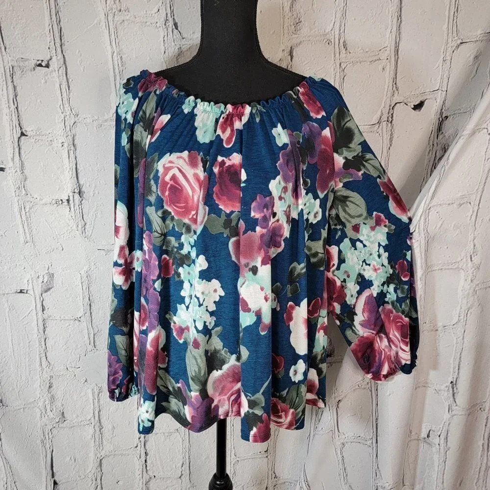 PROFESSIONAL Business Casual Floral‎ Blue Aqua Stretch Long Sleeve Blouse Sz L